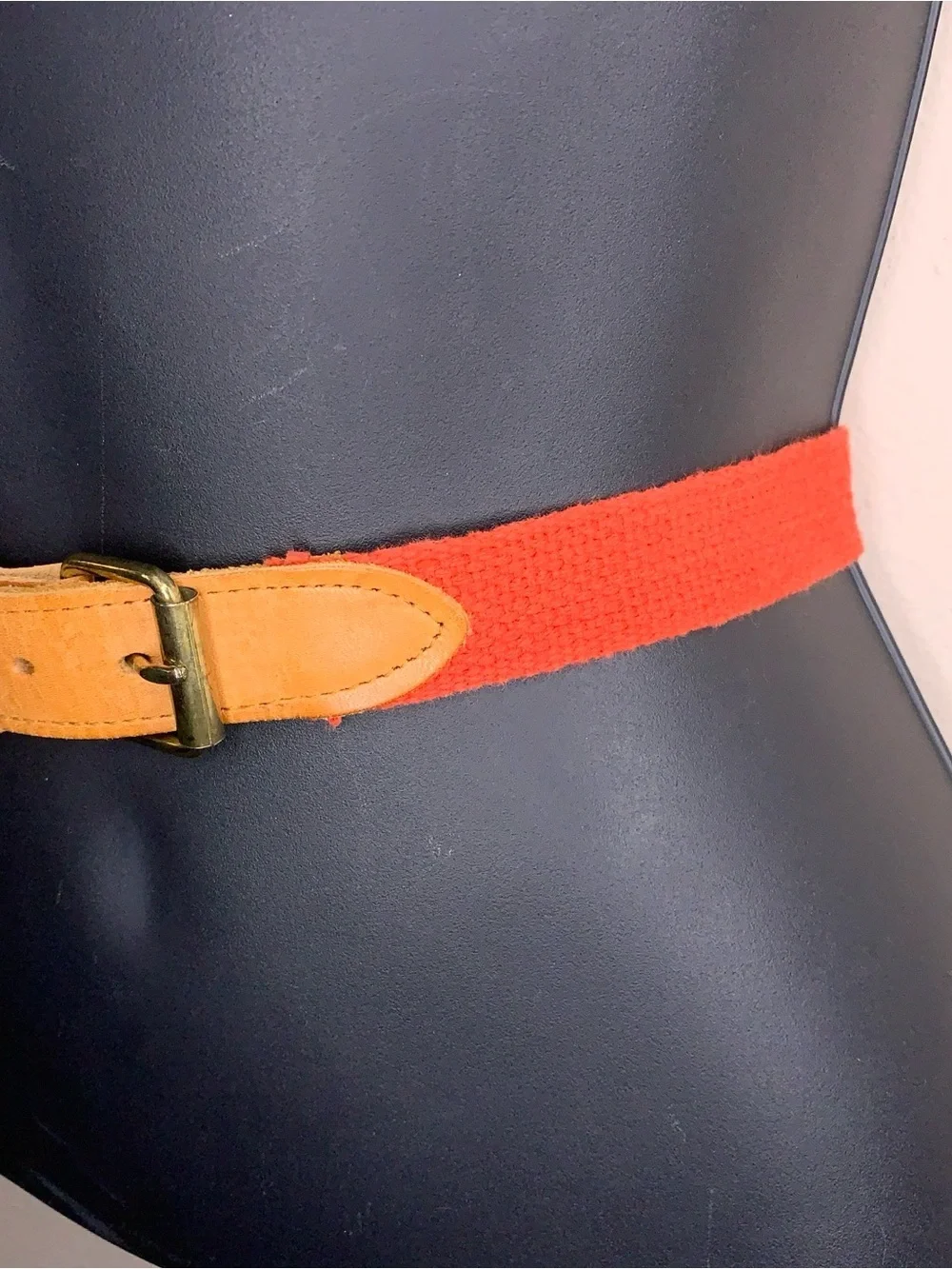 Vintage Small Red Canvas Tan Brown Leather Belt Womens 28 Inch Length Western
